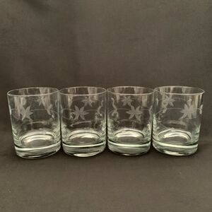 Double Old Fashion Clear Glass Glasses Etched Leaves Lot of 4